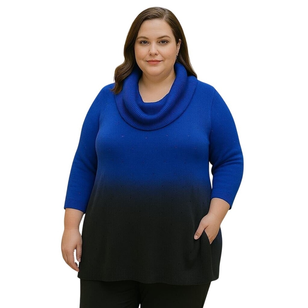 NY Collection Ombre Blue to Black Cowl Neck Sweater‎ Dress Sparkle Knit 1X